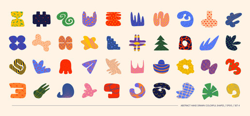 Aufkleber - Collection of minimalistic bizarre abstract geometric shapes and forms with different textures in contemporary style, Hand drawn colorful primitive, Vector doodle objects and graphic elements, set 4