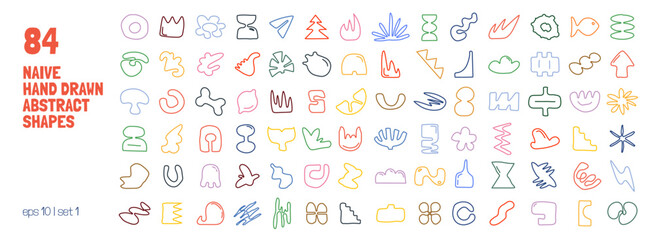 Aufkleber - Set of contours of various unusual figures drawn hand, Linear scribble with a pencil or marker, Curve silhouettes minimal bizarre abstract playful geometric shapes, Simple childish art element, set 1
