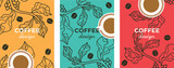 Fototapeta Młodzieżowe - Set of color posters coffee design template banner poster card print packaging design Vector drawing coffee tree grains cup of coffee Vector file design elements.