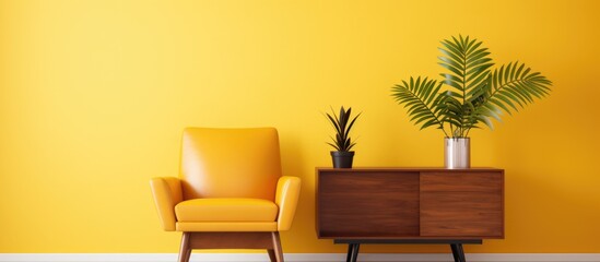 Canvas Print - Modern living room with cabinet TV, leather armchair, and plant on yellow wall background