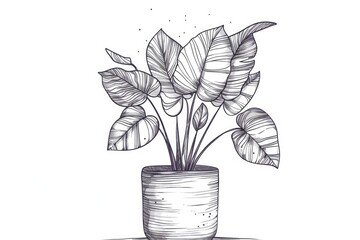 Poster - Detailed drawing of a plant in a small pot. Suitable for botanical illustrations or nature-themed designs.
