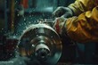 A man in a yellow jacket grinding a metal object. Suitable for industrial concepts.