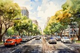 Fototapeta  - A dynamic painting capturing a busy city street filled with cars and pedestrians. Vehicles are in motion, people are walking along the sidewalks, and the scene is teeming with urban activity
