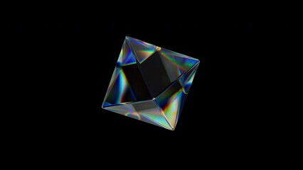 Aufkleber - 3d Transparent rotating glossy geometric object with dispersion effect. Rainbow colors reflection glass. 3d render animation loopable