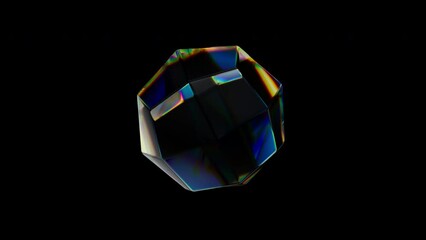 Aufkleber - 3d Transparent rotating glossy geometric object with dispersion effect. Rainbow colors reflection glass. 3d render animation loopable