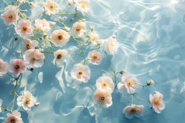 
serene top view pattern of soft ranunculuses on a calm blue water surface