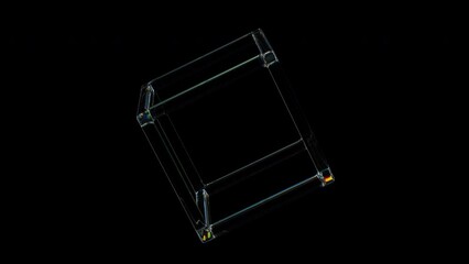 Poster - 3d transparent rotating glossy wired cube with dispersion effect. rainbow colors reflection glass. 3