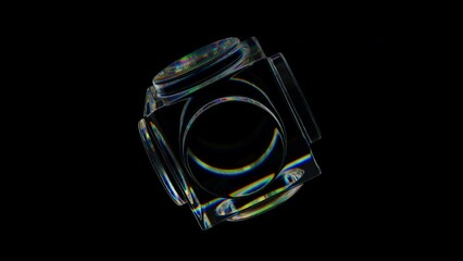 Poster - 3d transparent rotating glossy cube with dispersion effect. rainbow colors reflection glass. 3d rend