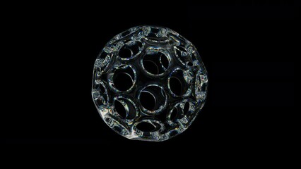Poster - 3d transparent rotating glossy sphere with holes with dispersion effect. rainbow colors reflection g