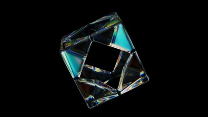 Aufkleber - 3d Transparent rotating glossy cube with holes with dispersion effect. Rainbow colors reflection glass. 3d render animation loopable