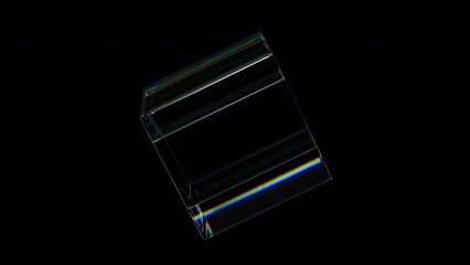 Poster - 3d transparent rotating glossy cube with hole with dispersion effect. rainbow colors reflection glas