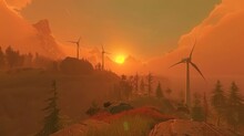 A Screenshot Of A Sunset With Wind Mills In The Foreground And Trees On The Far Side Of The Image.