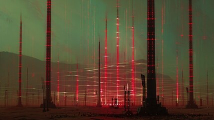 Sticker - a group of tall poles with red lights on them in the middle of a desert with a mountain in the background.