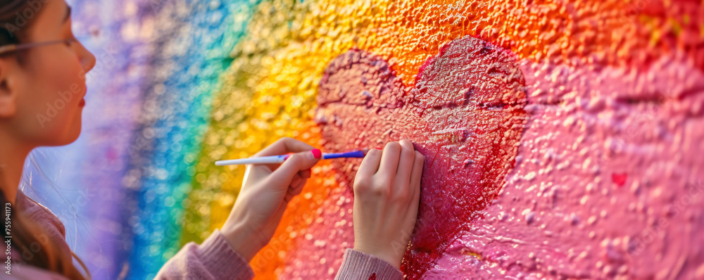 Homophobia Drawing Hand drawing heart in rainbow color on the wall. LGBT pride symbol ...