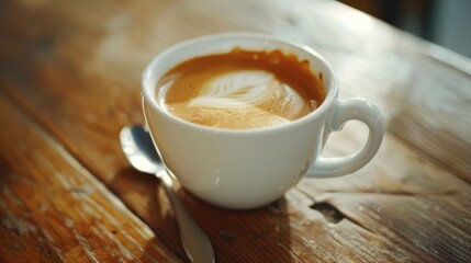Poster - A cup of coffee with a spoon on a wooden table. Perfect for coffee shop promotions.