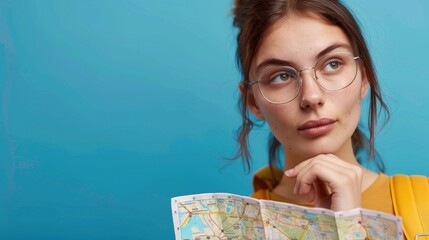 Poster - Woman with glasses studying a map, suitable for travel concepts.