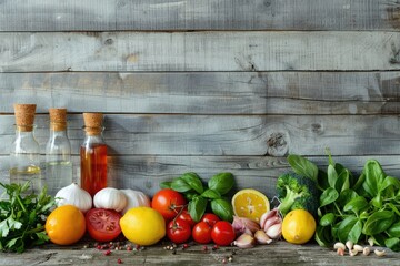 Poster - Assorted vegetables displayed on a wooden table, perfect for food blogs or recipe websites.