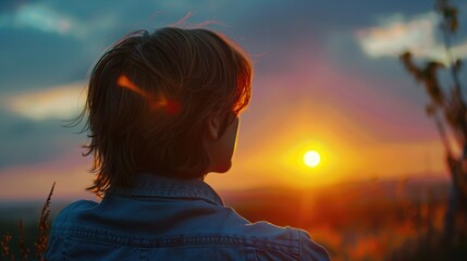 Poster - A person standing in a field at sunset, suitable for various concepts.