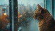 © Fotograf - Cat observing rain through window, suitable for weather forecasts.