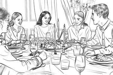 Poster - A group of people gathered around a dinner table. Perfect for illustrating family gatherings or holiday meals.