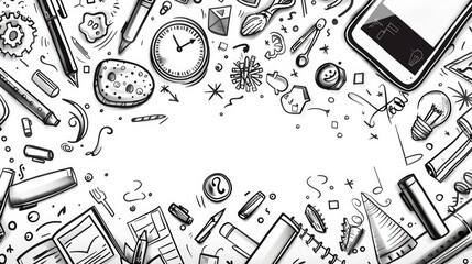 Poster - A black and white drawing of a variety of objects. Suitable for a wide range of projects.