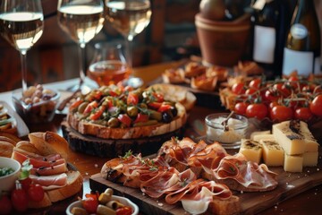 Poster - Assorted food items displayed on a wooden table, perfect for food bloggers or restaurant promotions.