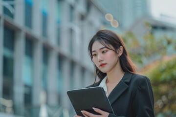 Aufkleber - A professional woman in a business suit holding a tablet. Great for business and technology concepts.