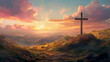 a Christian cross on a hill with a beautiful sunset in background