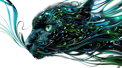 Poster - a digital painting of a cat's face with blue, green, and yellow swirls on its body.