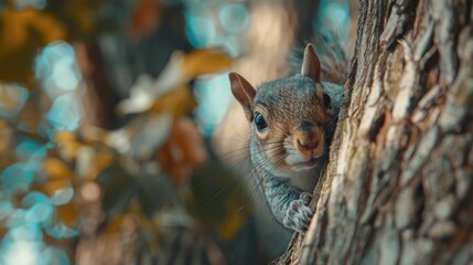 Wall Mural - Close-up of a squirrel perched on a tree. Suitable for nature and wildlife themes.