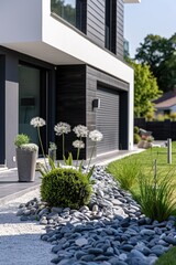 Poster - A garden with rocks and plants in front of a house. Suitable for home and garden design concepts.