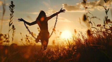 Poster - A woman standing in a field with her arms outstretched. Ideal for wellness and freedom concepts.