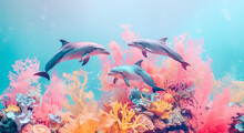 Three Dolphins Gracefully Swim Among Vibrant Coral Reefs Under The Blue-hued Waters, Depicting Marine Life Beauty And Ocean Ecosystem Diversity. Beautiful Mammal In The Sea.