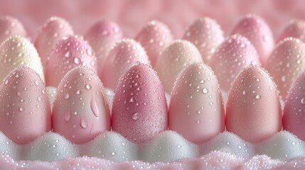 Poster - a group of pink and white eggs with drops of water on them, on a pink surface, with a pink background.