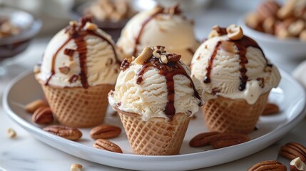 Sticker - a white plate topped with three scoops of ice cream covered in chocolate sauce and pecans on top of a table.