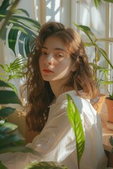 Poster - A woman sitting by a window with a potted plant. Ideal for interior design concept.