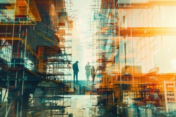 Aufkleber - A person standing in a city with scaffolding, perfect for urban construction themes.