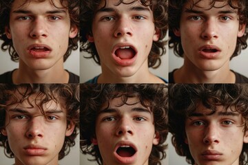 Poster - A series of images featuring a young man making various facial expressions. Suitable for illustrating emotions and expressions.