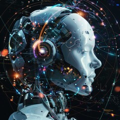 Poster - Advanced robotic technology concept with glowing elements - An intricate design showcasing advanced robotics, AI concepts, with illuminated technological elements and circuitry