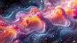 An abstract, colorful swirl of fluid-like shapes and patterns resembling cosmic clouds or amoebic forms. The colors range from deep purples and blues to vivid oranges and yellows.