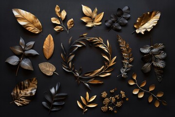 Poster - Assorted leaves on dark surface, suitable for nature concepts.