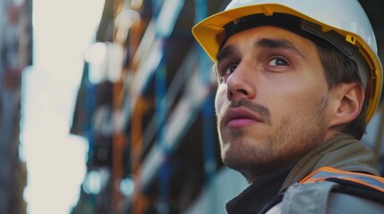 Poster - Construction worker in hard hat looking up, suitable for construction industry projects.