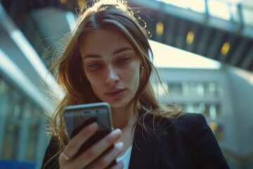 Poster - A woman focused on her cell phone screen. Suitable for technology concepts.