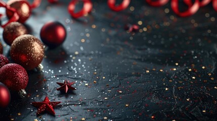 Aufkleber - Festive red and gold ornaments on a sleek black surface, perfect for holiday designs.