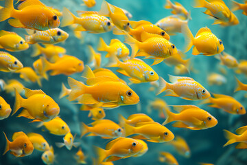 Wall Mural - Bunch of Electric yellow cichlids in the sea, African cichlids (Malawi Peacock), group of yellow small fish, metallic blue gray cichlids in freshwater, Haplochromis obliquidens, fish wallpaper concept