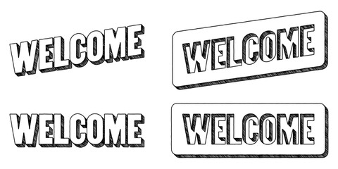 Poster - Word ‘Welcome’ written in doodle-style block lettering with three-dimensional shading effect