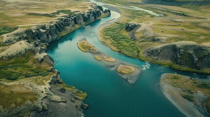 Poster - A scenic view of a river flowing through a beautiful green valley. Perfect for nature-themed designs.