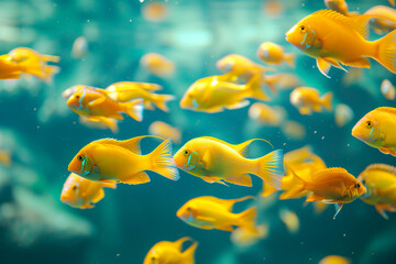 Wall Mural - Bunch of Electric yellow cichlids in the sea, African cichlids (Malawi Peacock), group of yellow small fish, metallic blue gray cichlids in freshwater, Haplochromis obliquidens, fish wallpaper concept