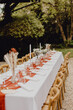 Table décorée et dressée dans le jardin en attendant les invités