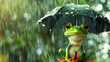 Cute Cartoon Frog Holding an Umbrella in the Rain